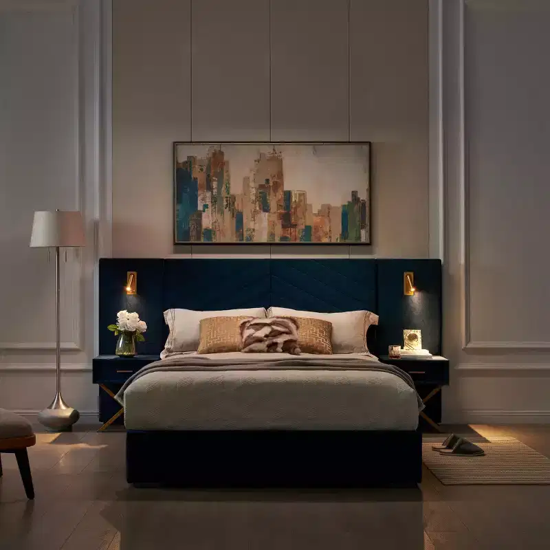 Modern Velvet Bed Frame, Wingback Headboard, LED Lights & 2 Floating Nightstands