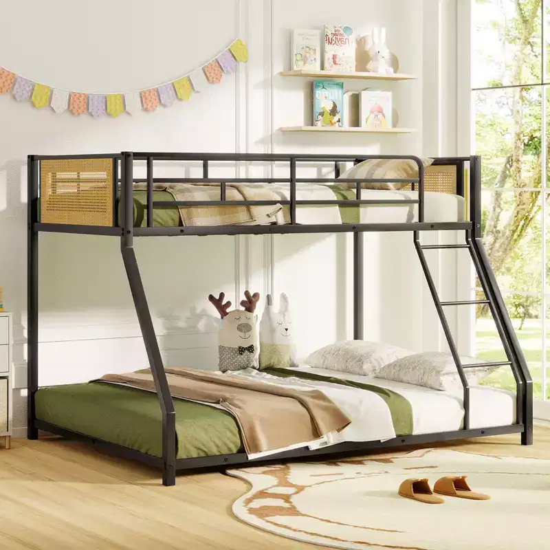 Twin Over Full Low Profile Metal Bunk Bed with Full-Length Safety Guardrail