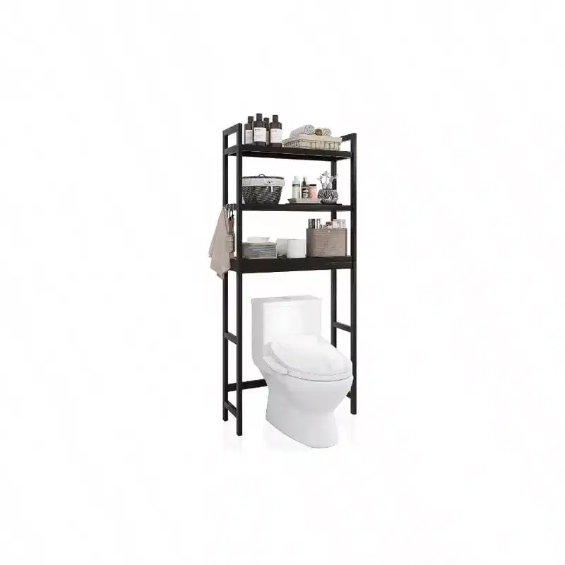Black 3-Tier Adjustable Over-Toilet Storage Shelf, Freestanding