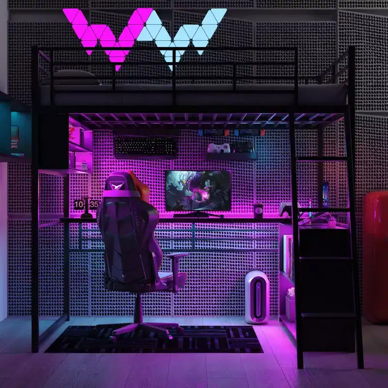 Metal Full Size Loft Bed with LED, Desk and 4 Storage Shelves