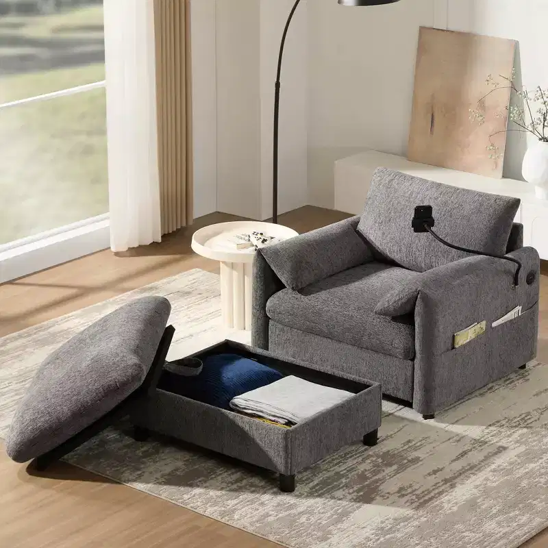 Chenille Single Sofa with Storage Ottoman & Adjustable Phone Holder USB Charging Port, Side Pockets, Pillow-Like Armrests