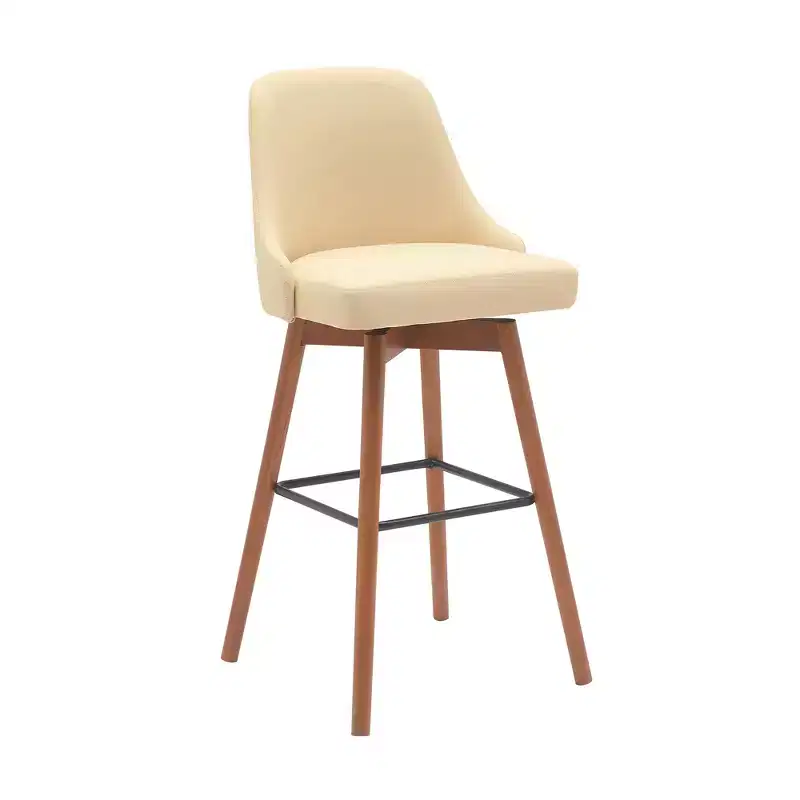 30-Inch Cream and Wood Brown Faux Leather Swivel Bar Chair with Footrest