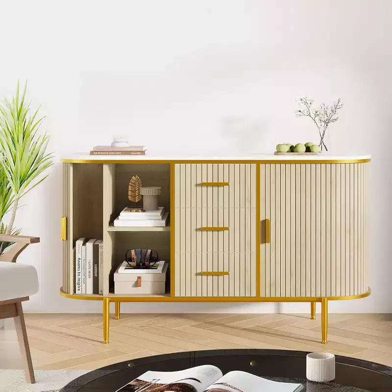 47 Sideboard Buffet Cabinet with Storage, Fluted Console Cabinet with Metal Legs & 3 Drawers, Faux Marble Top for Dining Room, Living Room, Entryway