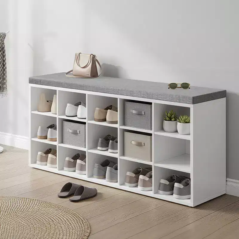 Shoe Rack Bench with Cushion, 41.3''W Entryway 15 Compartments Storage Bench