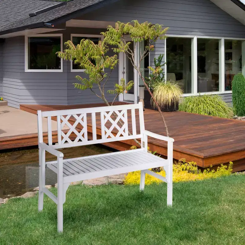 Outsunny Foldable Garden Bench, 2-Seater Patio Wooden Bench, Loveseat Chair with Backrest and Armrest for Patio, Porch or Balcony
