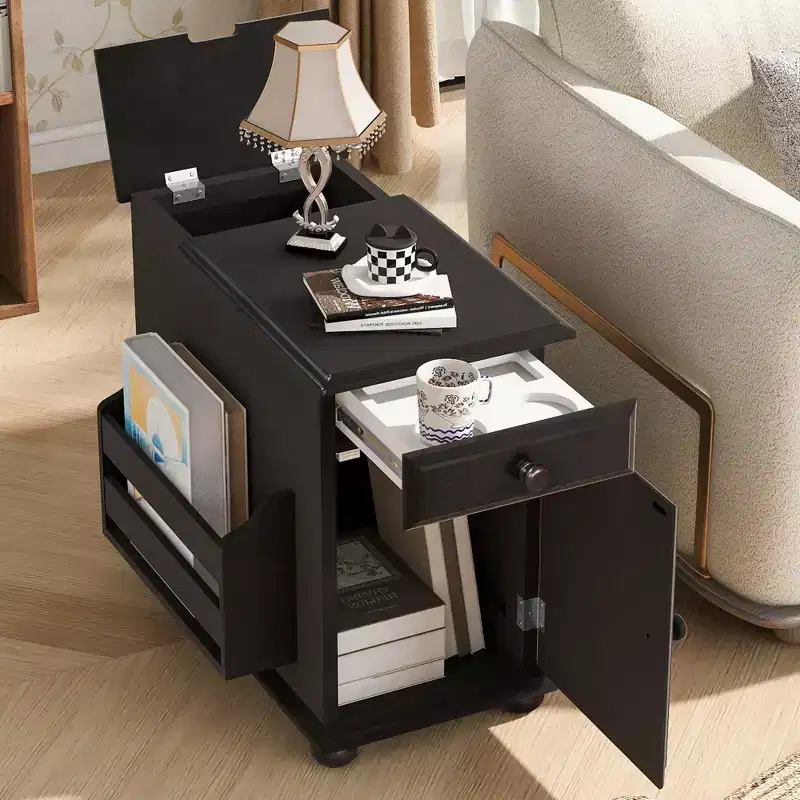 Side Table with Wheels, Modern End Table with USB Ports, Drawer, Cup Holders and Storage Space for Living Room, Bedroom