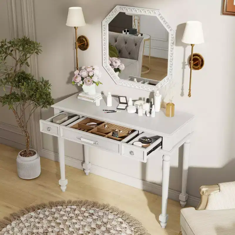 ModernLuxe Makeup Vanity Desk with Mirror, Drawers & Jewelry Storage Plate, White Vanity Table Dressing Table Space-Saving Beauty Station