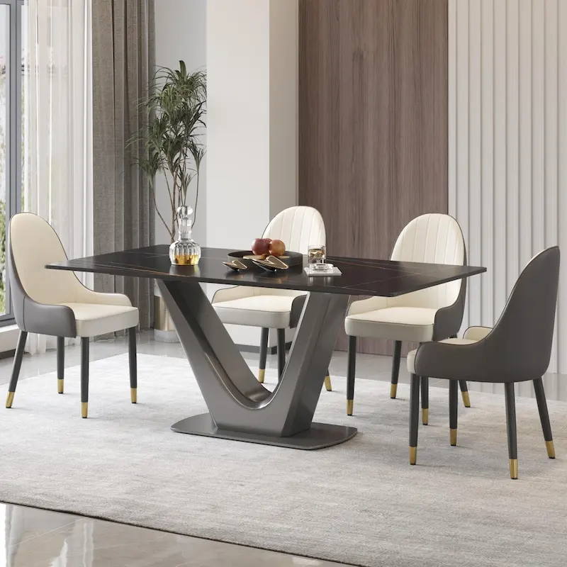 Rectangle Sintered Stone Dining Table with Stainless Steel V-Leg Base