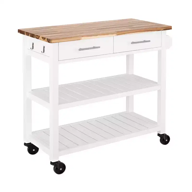 Acacia Wood Top Rolling Kitchen Cart Island Table with Drawers, 38.4 W x 18.5 D, White