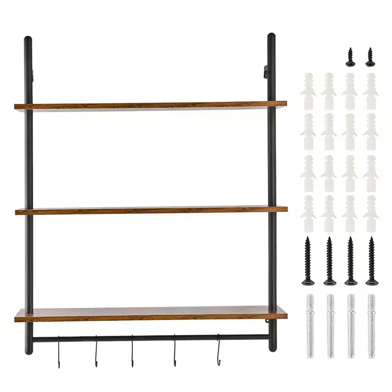Industrial Pipe Shelf, 3 Tier 32x9.84in, Wall-Mount Floating Rustic Wood Shelves Bracket Display Bookshelf,Storage Rack Sundries Holder, Black