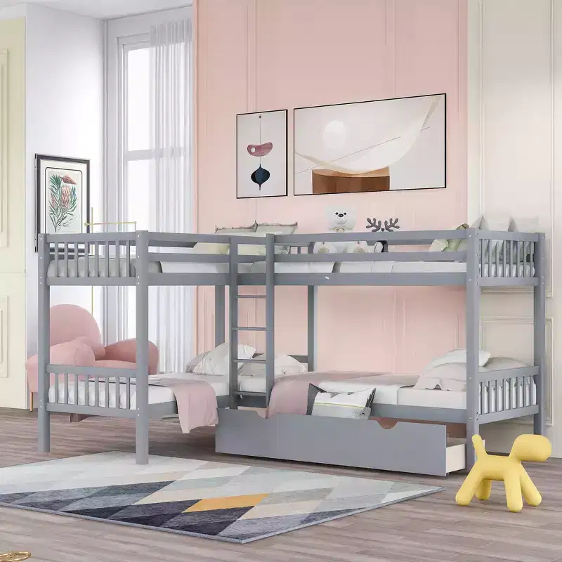 Twin Size L-Shaped Bunk Bed for 4 with Storage Drawers