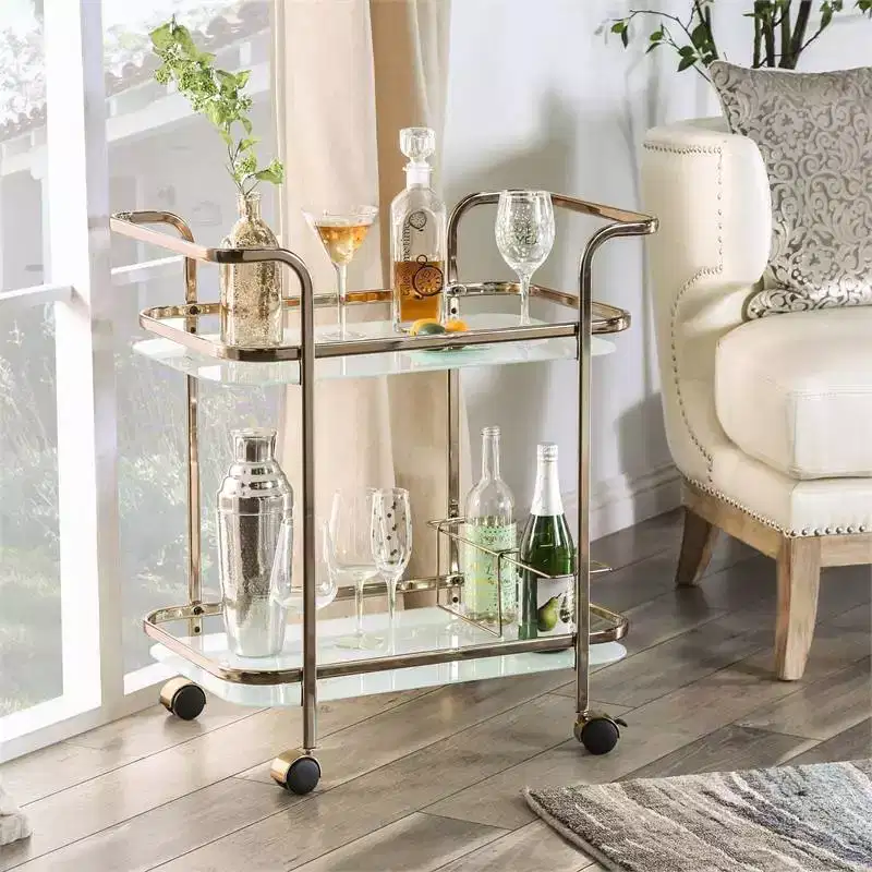 Elleria Rectangular Metal Serving Cart: Wine & Beverage Cart with Glass Shelves