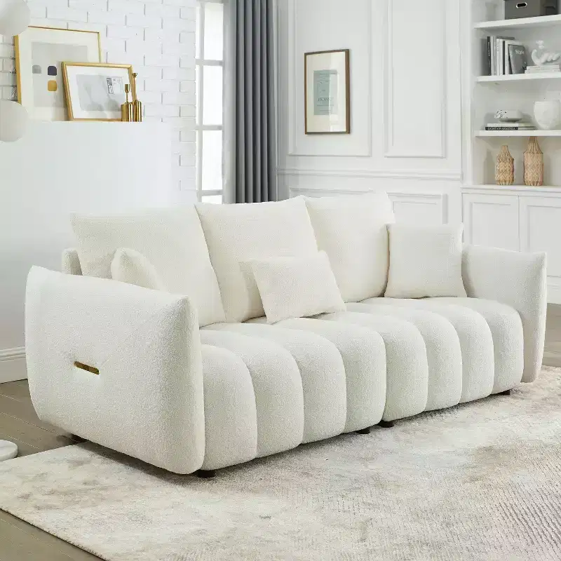 GDFStudio Alanna 79.5 Modern Teddy Fabric Upholstered 3-Seater Sofa with Pillows