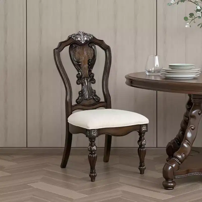 Royal Hampton Side Dining Chair Set of 2, Ornate Carved Dark Brown Wood