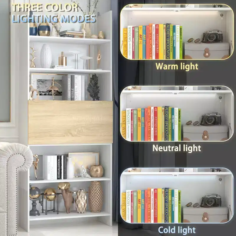 Famapy White Wall-Mounted Bookshelf & Display Rack with Hidden Drop-Down Desk & LED Lighting
