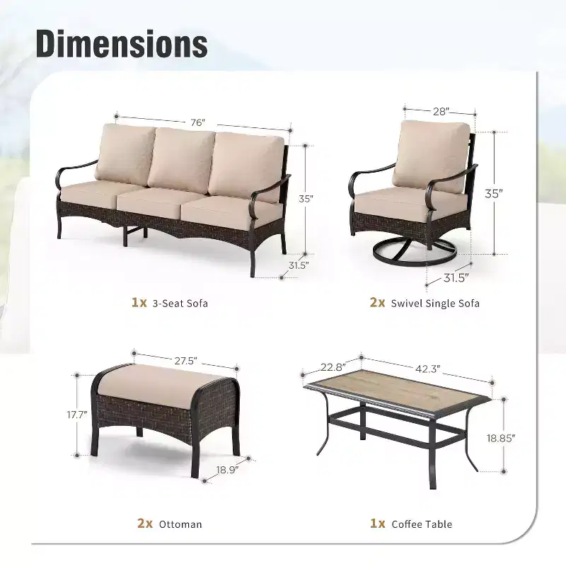 Captiva Designs 6pc extra large metal and rattan outdoor patio conversation set with table, swivel armchairs and ottoman