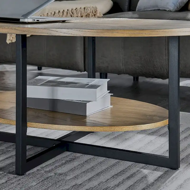 Solid Wood Oval Coffee Table with Cross Metal Legs
