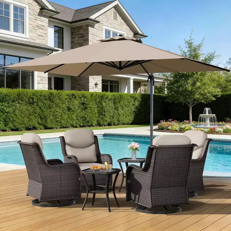 UPTIOT Outdoor Rocking Chair Set with Side Tables and 13-ft Double Canopy Patio Umbrella