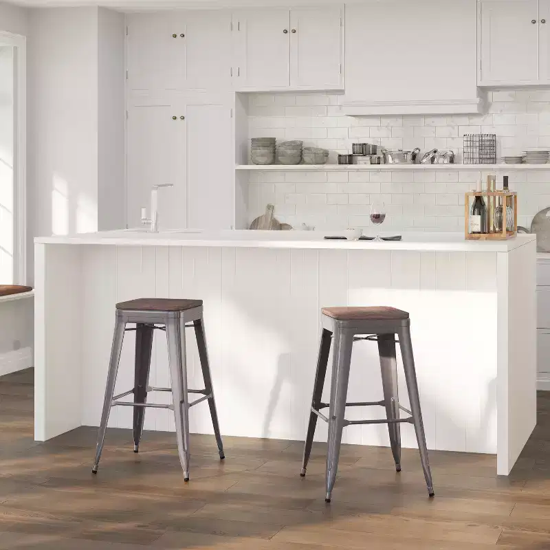 Clear Coated Gray Metal Bar Counter Stool with Rustic Wood Seat, 500 lbs, Backless