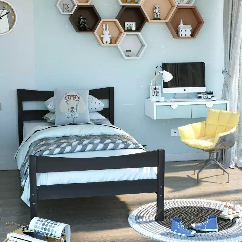 Twin Size Platform Bed Frame with Headboard and Wood Slat Support