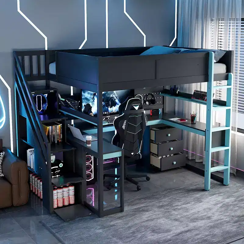 GDFStudio Scott Wooden Gaming Loft Bed with Storage Stairs, Desk, Shelves & Pegboard