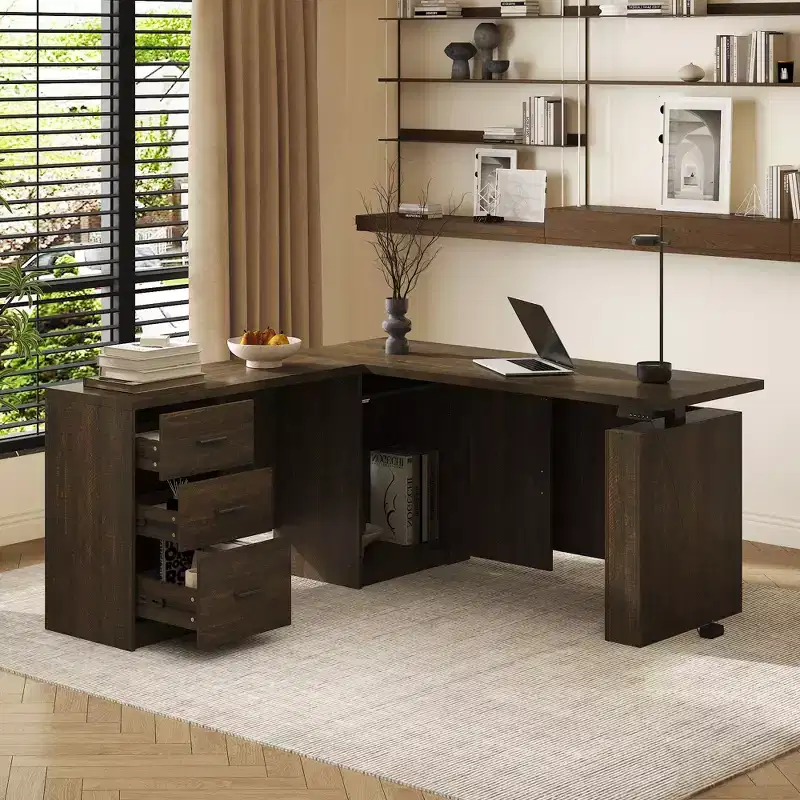 Famapy Dark Wood L - Shaped Adjustable Standing Desk Office Desk Computer Desk - Ergonomic Home Office Workstation with Storage