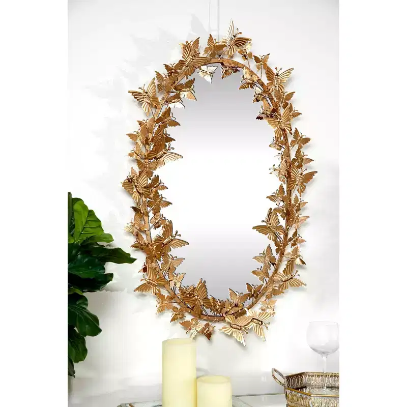 Glam Metal Butterfly Wall Mirror Gold - Olivia & May: Iron Frame, Round Shape, No Assembly Required