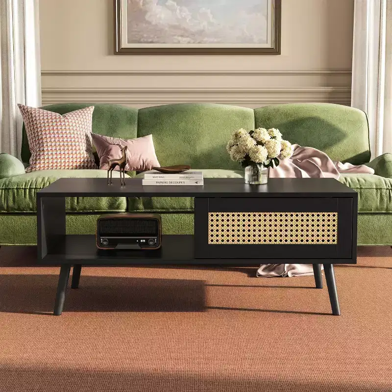 Wood Coffee Table with Storage - Boho Center Sofa Table with Sliding Door and Open Shelf for Living Room, Bedroom, Easy Assembly