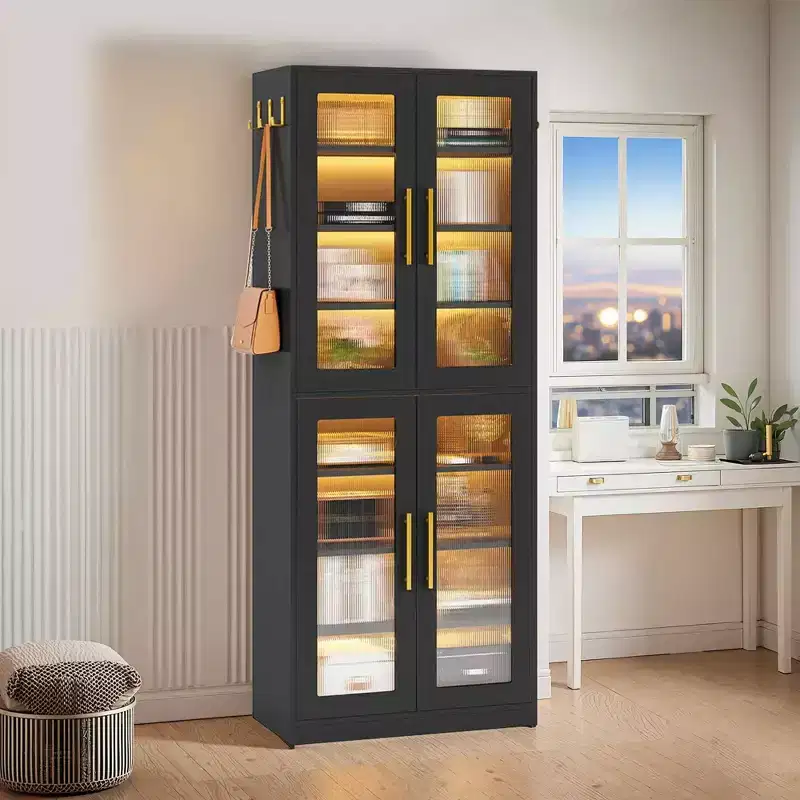 Freestanding Shoe Cabinet with Acrylic Doors and LED Lights, Entryway Shoe Storage Organizer