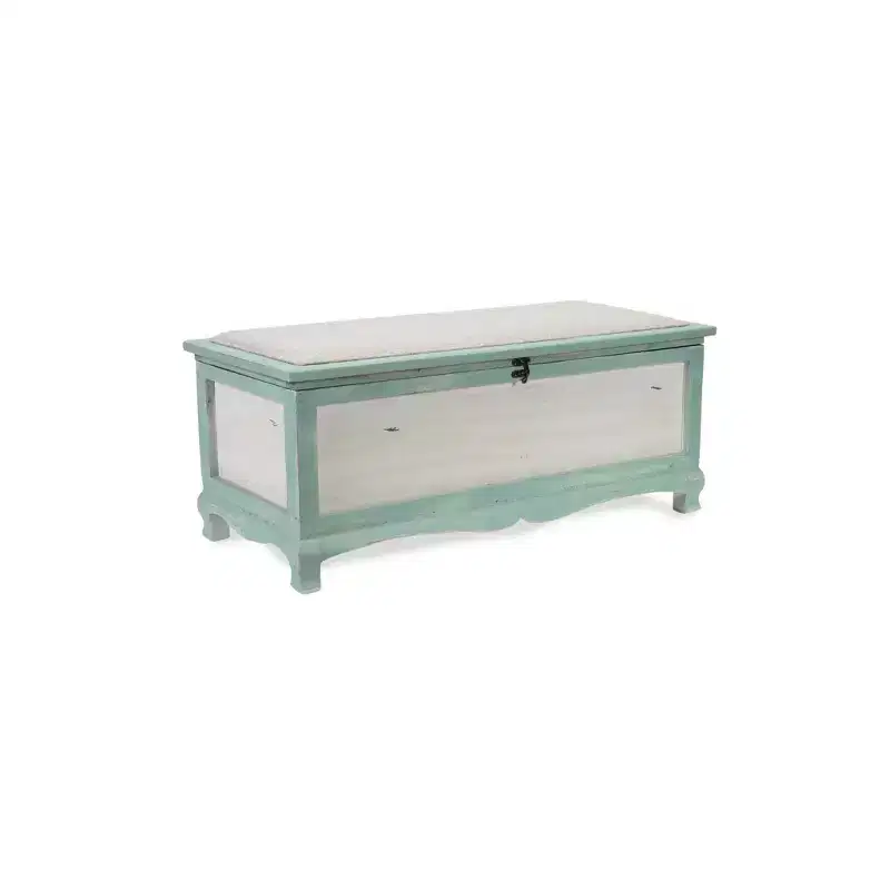 Rectangular Green Wooden With Seat Cushion And Inside Storage Bench