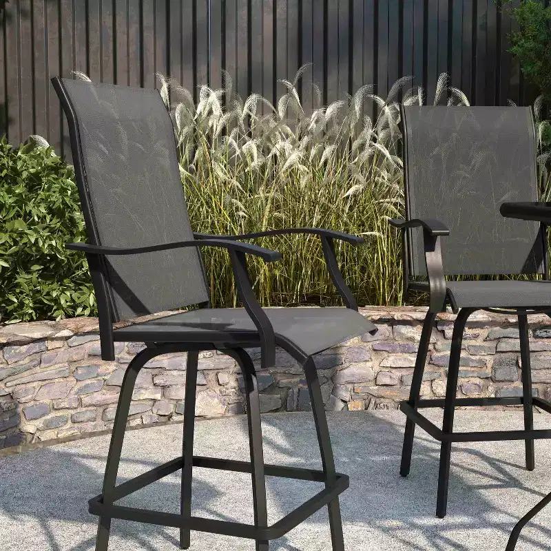 Merrick Lane Set of 2 Brett High Back Bar Height Swivel Patio Stools with Powder Coated Metal Frames and Textilene Upholstery