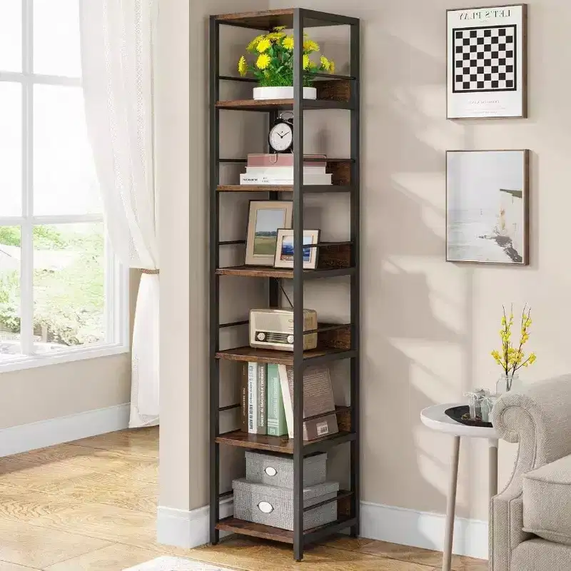 6 - Tier Corner Shelf 75 Inch Tall Narrow Bookshelf Storage Rack Etagere Shelves Display Stand for Living Room Bathroom