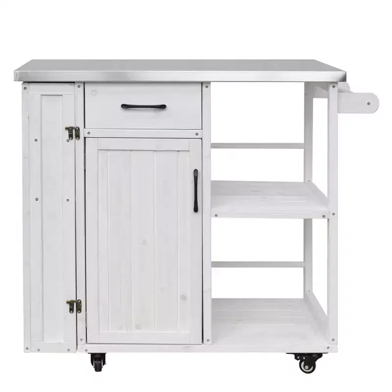 Outdoor Kitchen Island Cart with Stainless Steel Top, Fir Wood, Storage Cabinet, Drawer, Shelves, Lockable Wheels, White