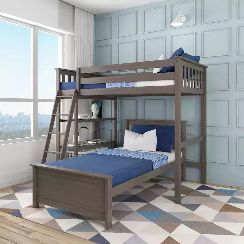 Max & Lily Solid Wood L-Shaped Twin over Twin Bunk Bed with Bookcase for Kids