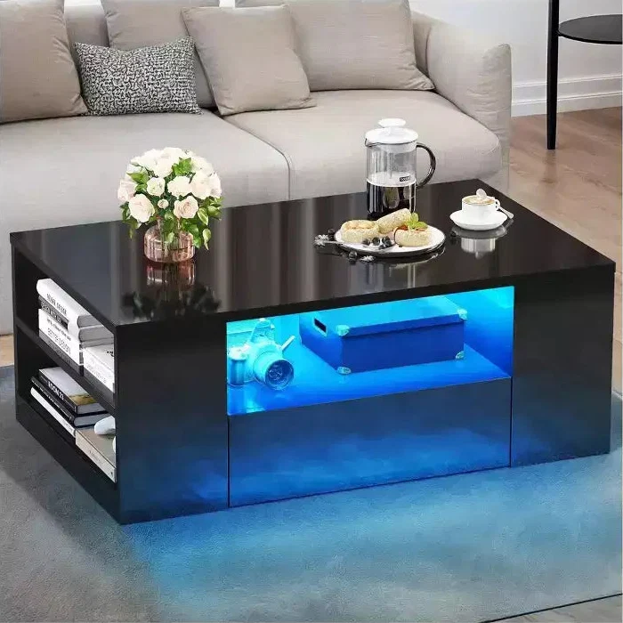 Modern Coffee Table For Living Room High Gloss LED Coffee Table Wood Center Table With 2 Sliding Drawers And Open Side Shelf
