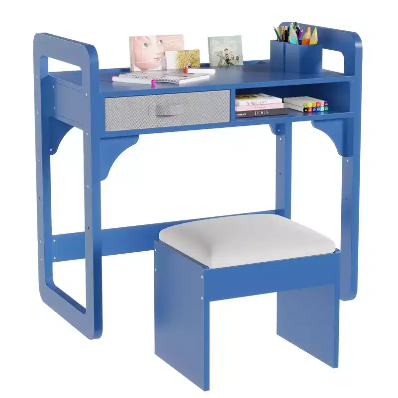 Kids Desk and Chair Set, Study Desk for Boys and Girl, Wooden Kids Writing Table with Cloth Drawers and Pen Holder