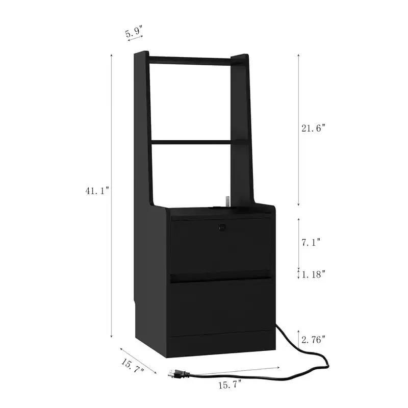 Nightstand with Charging Station & 2 Storage Drawers, Wood Night Stand with Bookshelf & Voice-Controlled Night Light