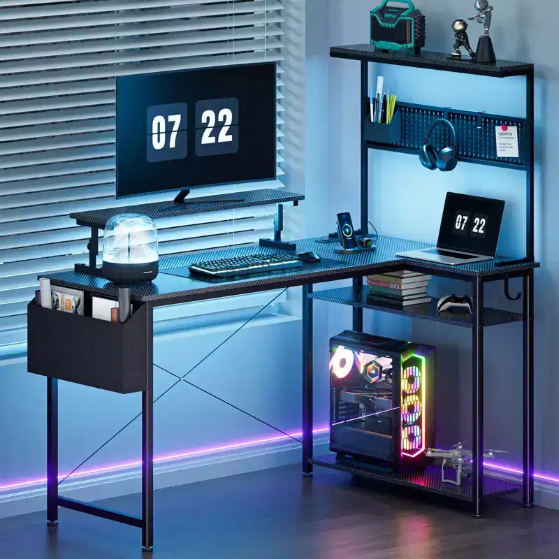 KOLIGEY Gaming Desk, L-Shaped Computer Desk with LED Lights, Monitor Stand, Power Outlets and Storage Drawer