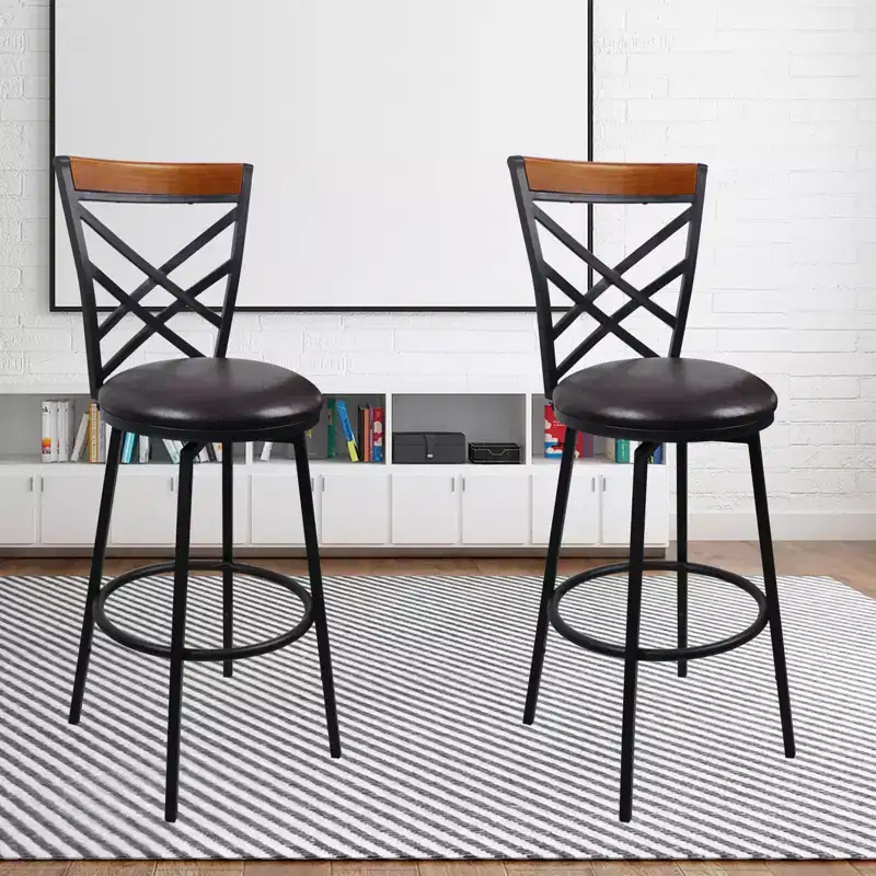Swivel Metal Kitchen Counter Barstool with Double X Back Upholstered Faux Leather Seat, Espresso and Black,