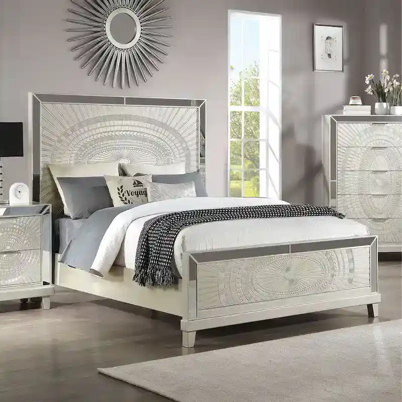 Luela Glam Boho Champagne Wood Carved Panel Bed