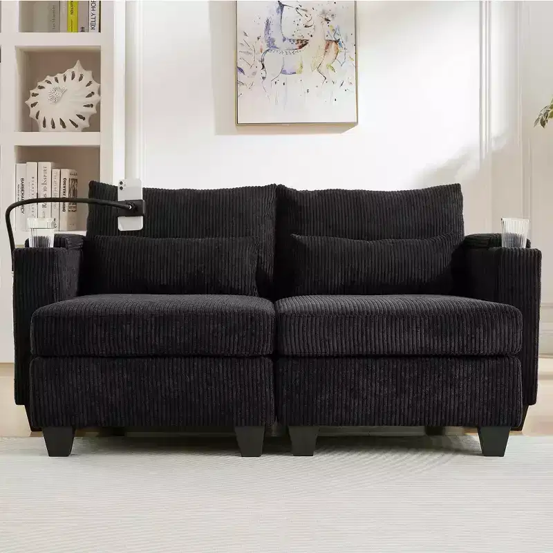 MAYEERTY Convertible Chaise Loveseat Sofa Bed Corduroy Sleeper Sofa with Ports Two Cup Holders for Living Room Black