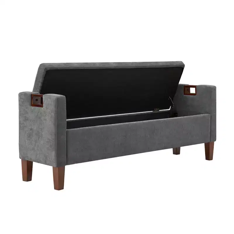Upholstered Storage Bench Solid Wood Legs Waterproof Fabric 61 Inch
