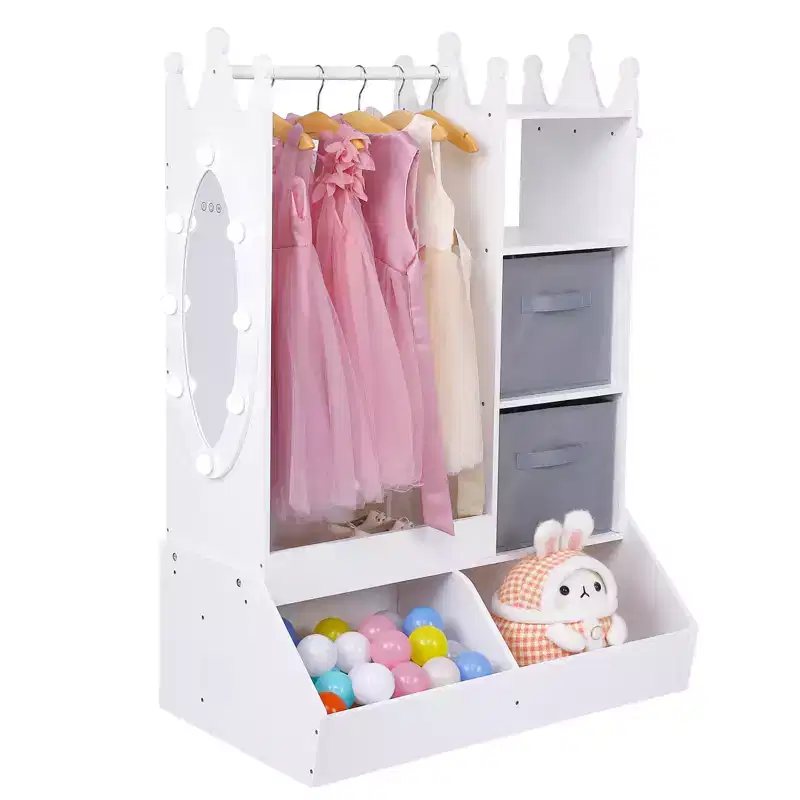 Princess Wardrobe w/Mirror, Complete Dress-Up Center w/ Storage, 4-Tier Shelves & Fabric Bins, Kids Closet Organizer for Clothes, Toys, Shoes