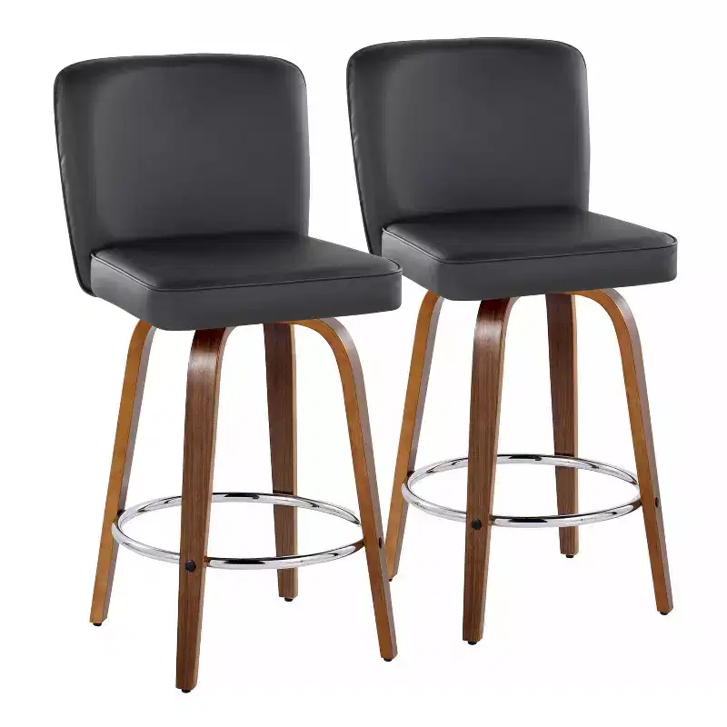 LumiSource Set of 2 Henry Counter Height Barstools Walnut Wood/Black PU