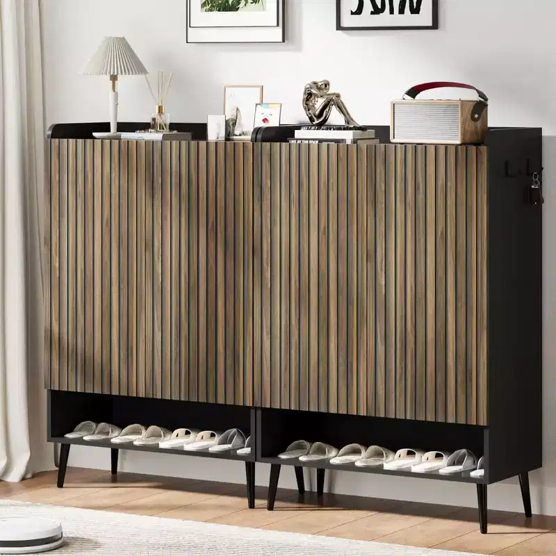 Shoe Cabinet, Shoe Storage Cabinet  6-Tier Large Organizer with Doors & Hooks, 2-Pack Brown Entryway Storage for Hallway, Living Room