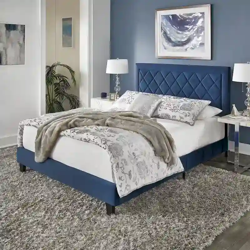 Velvet Upholstered Platform Bed, King Queen Full, Grey Cream Dark Blue Velvet