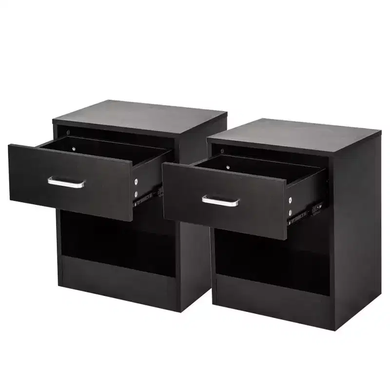 1-Drawer Black Nightstand, Set of 2
