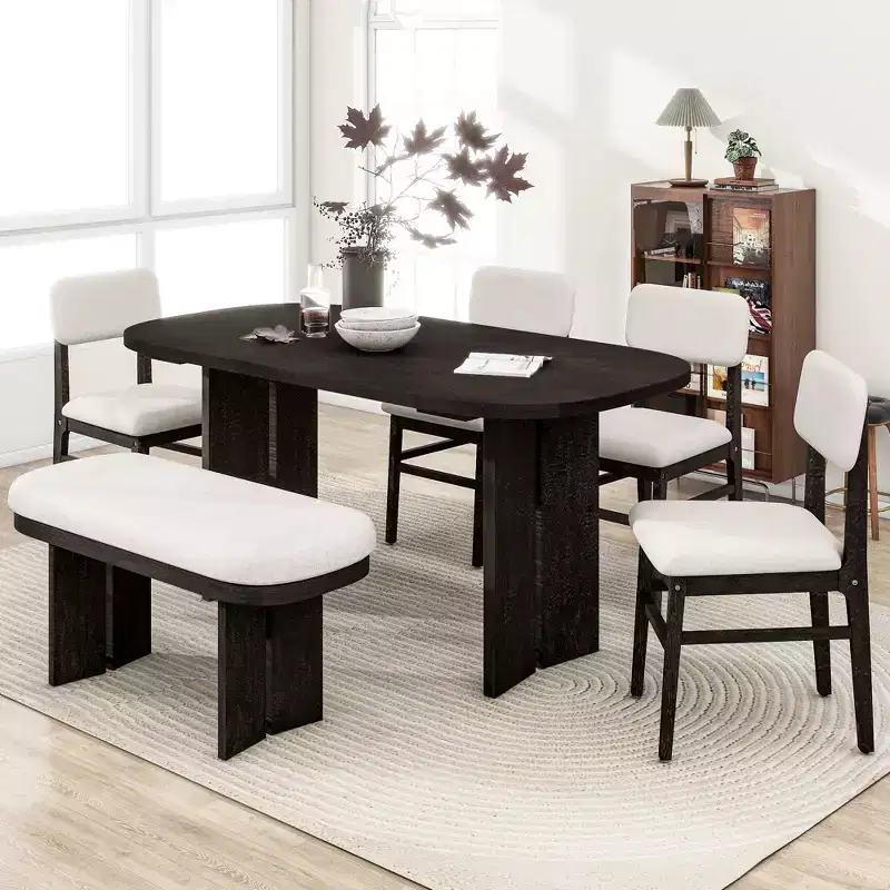 Solid Wood Dining Table Set with Bench for 5, 6 Pieces Upholstered Rectangular Dining Room Table Set with 4 Chairs & Bench