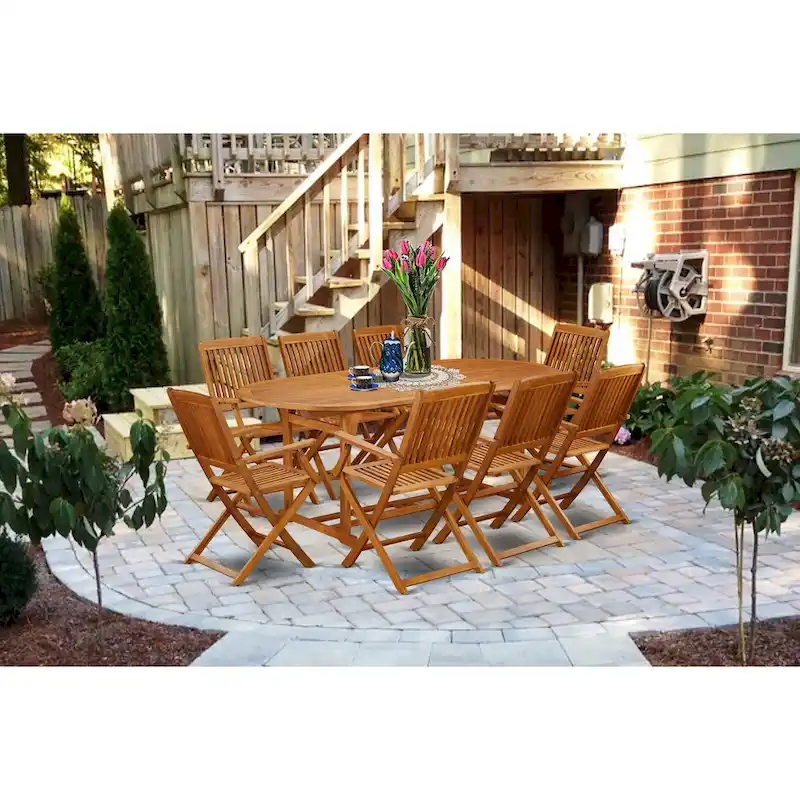 East West Furniture Outdoor Patio Dining Sets- an Oval Acacia Wood Table and Folding Arm Chairs, Natural Oil (Pieces Options)