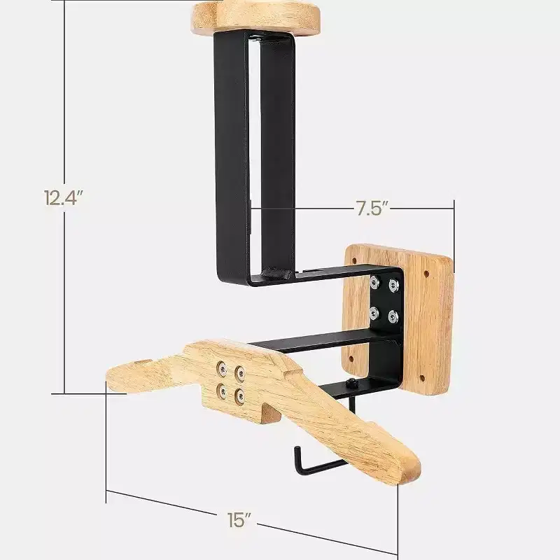 Helmet Stand, Motorcycle Helmet Holder - Solid Wood & Iron Wall Mount Rack with Hook, Max 88LBS for Tactical Gear/Racing Helmets